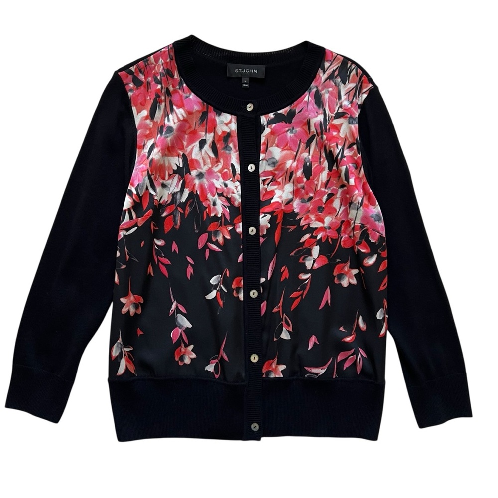 St.‎ John Pink Cascading Floral Silk Black Sweater Cardigan Size M Office Career